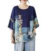 Summer Cotton Linen Blouse Ethnic Style Bat Sleeve Loose Large Size Women's Round Neck T-shirt