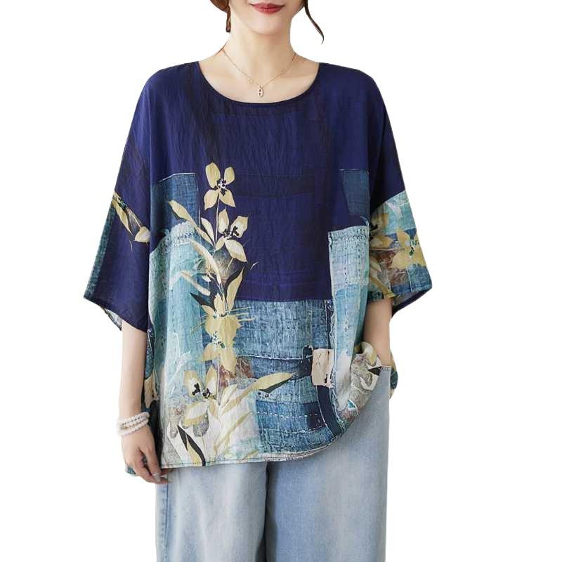 Summer Cotton Linen Blouse Ethnic Style Bat Sleeve Loose Large Size Women's Round Neck T-shirt
