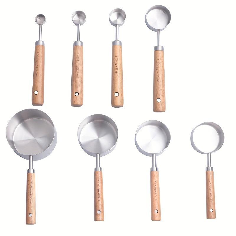 8-Piece Stainless Steel Measuring Cup & Spoon Set with Titanium Gold & Wooden Handles