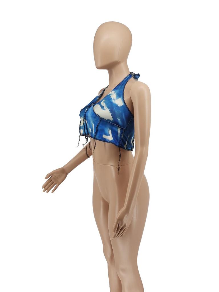 JH5821 European & American Sexy Lace-Up Spaghetti Strap Print Top for Women