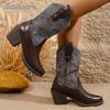 Retro Embroidered Women's Cowboy Boots Chunky High Heels Pointed Toe Autumn Boots Woman Brown PU Leather Western Botas De Mujer