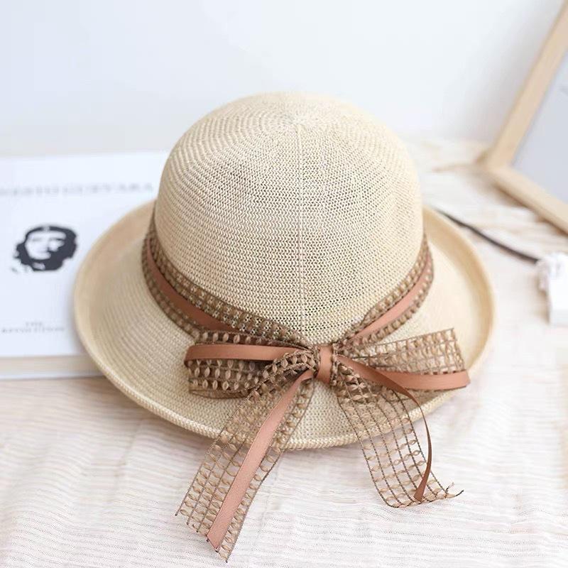

Ретро элегантная шляпа-котелок с бантом, плиссированная, с куполообразной тульей, для защиты от солнца, дышащая, соломенная шляпа рыбака, женская, летняя Adult (56-58cm) бежевый