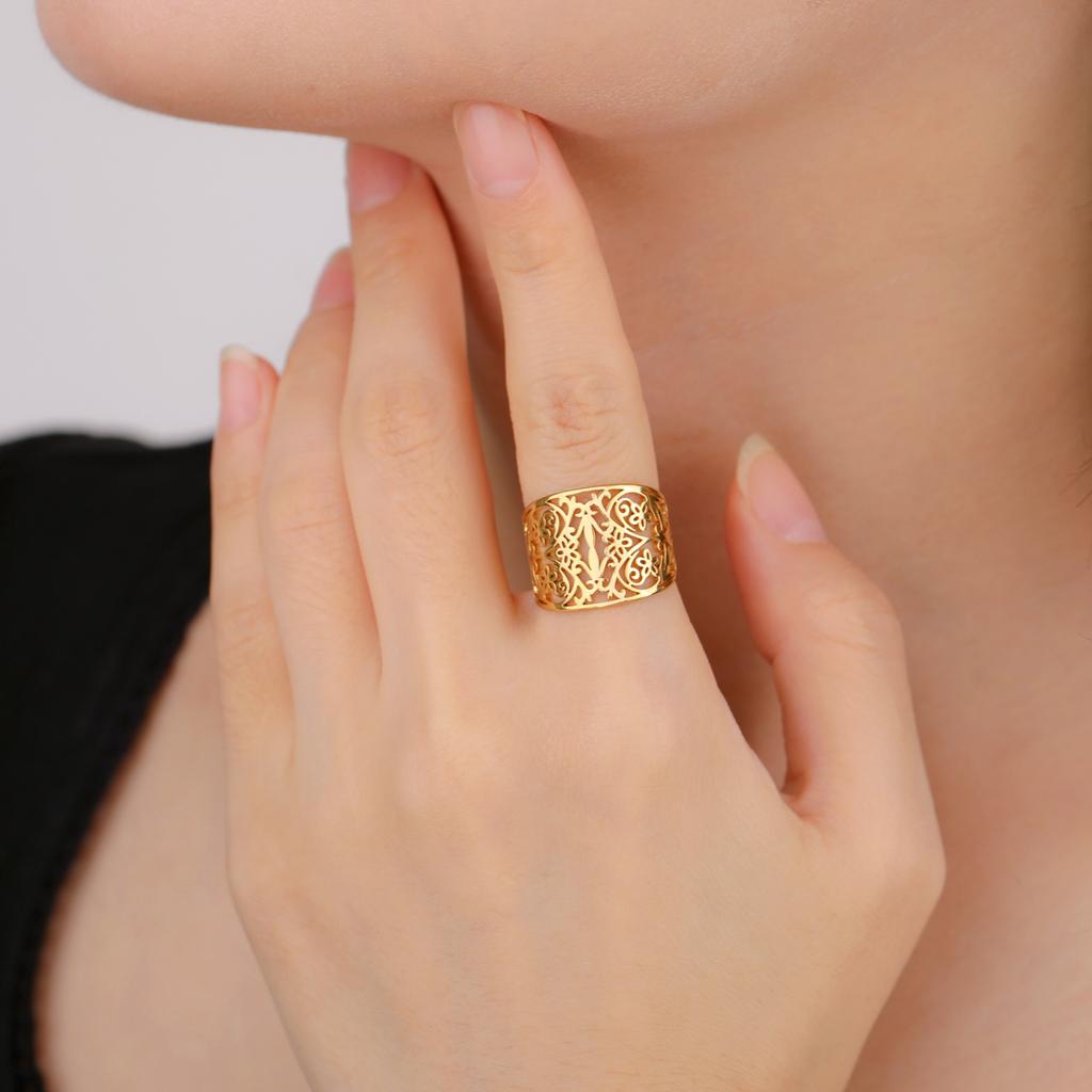 Lucktune Filigree Flower Rings Stainless Steel Women's Finger Rings Lucky Gold Flower of Life Jewelry Party Birthday Gifts