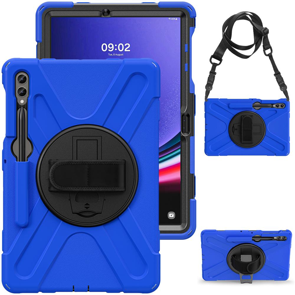 Cases for Samsung Galaxy Tab S7 S10 S9 FE S10+ S8 S9+ S9 Plus Tablet Case S10 Lite Cover Rotate Hand Strap Stand Silicone Shell Tab S10Plus 12.4inch синий