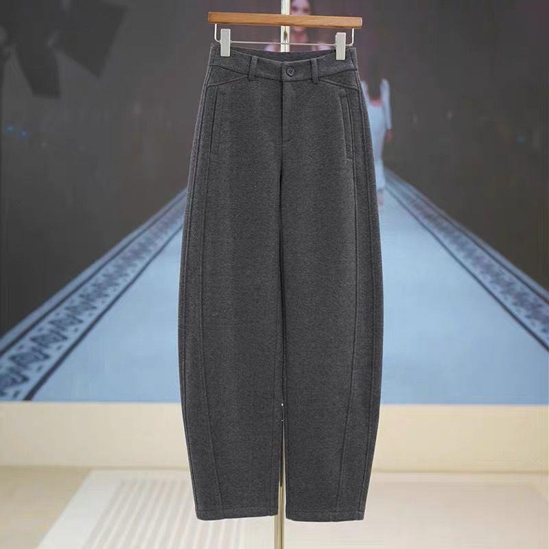 Spring 2026 Women s Deep Gray Woolen Loose Wide-Leg Pants with Pockets 3XL (155-170kg)