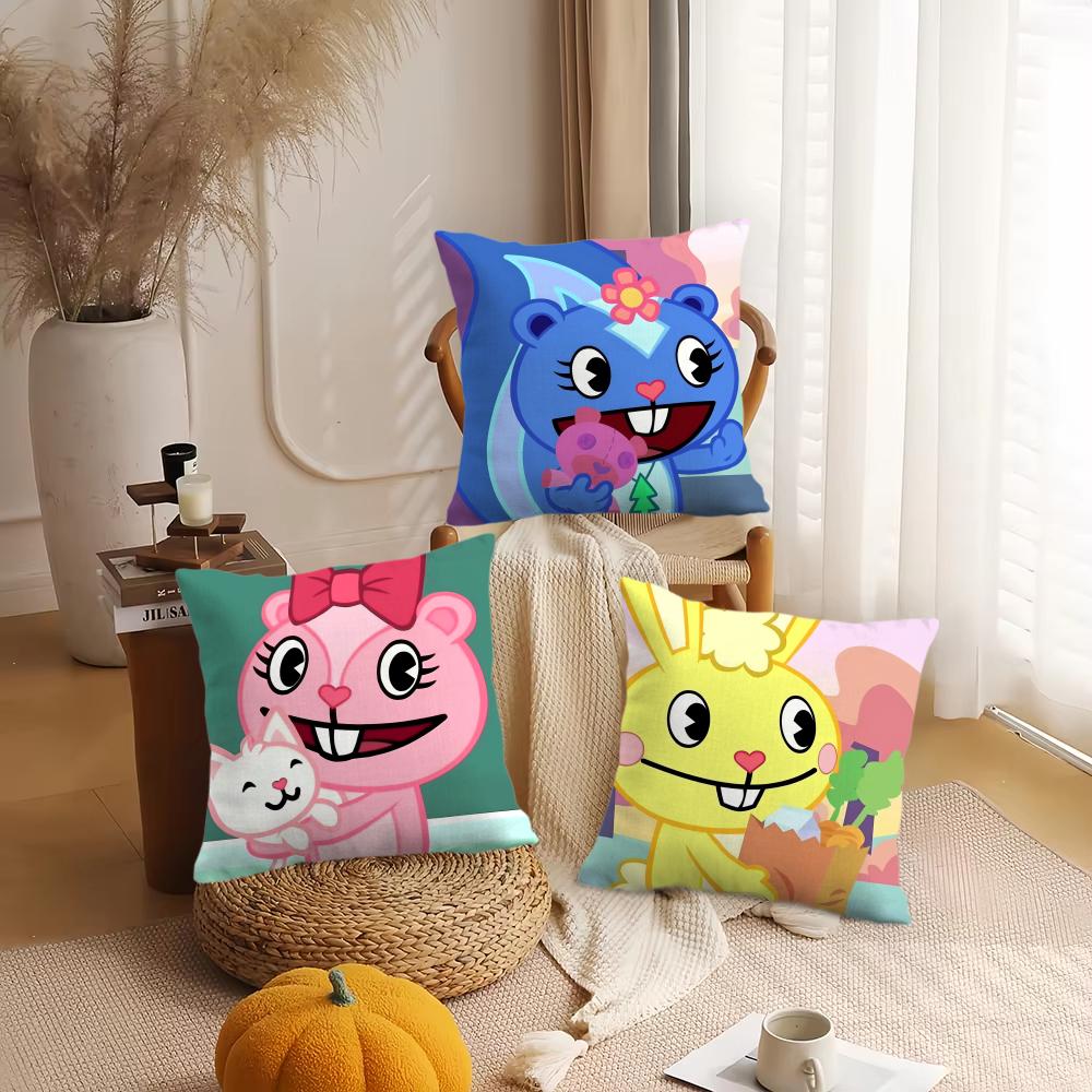 Anime Happy Tree Friends Cushion Cover Silky Short Plush DoubleSided Printed Pillow Case for Sofa All Seasons Home Decor Gift