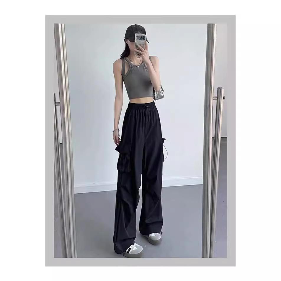 Women's Petite Black Quick-Dry Straight-Leg Wide-Leg Casual Summer Sports Pants 2024