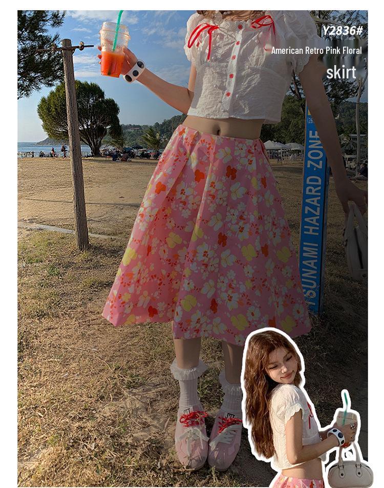 2026 Spring/Summer Women's Floral Print High-Waisted Pleated Midi Skirt - Versatile & Slimming