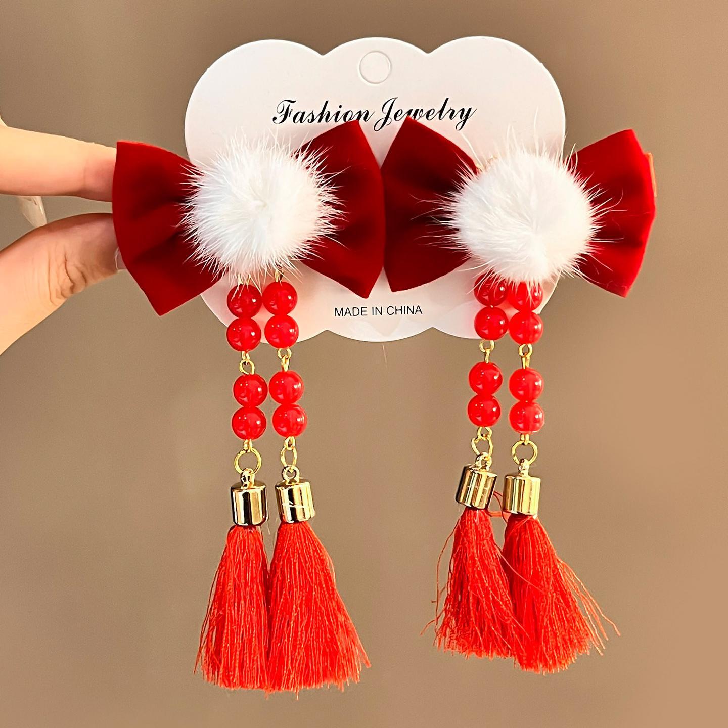 Festive Red Bow Hair Clips for Little Girls - New Year Headdress