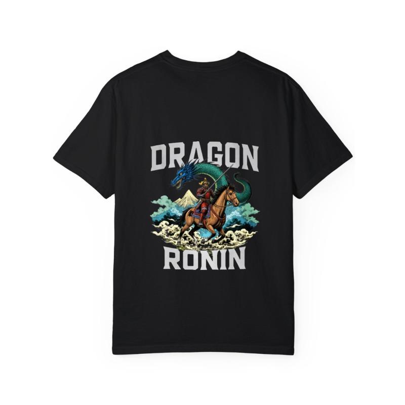 Dragon Ronin T Shirt White Samurai On Horse with Blue Dragon and Mountain Scene Graphic for Casual Wear