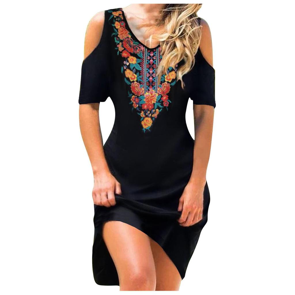 Women's Summer Strapless Sexy Printed Dress Short Sleeve V-Neck Dress