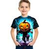 Round Neck 3D Pumpkin Printed Top Fashionable Short Sleeved Children's Boy T-shirts - Soft Medium Stretch Polyester Fabric Summer Relaxed Fit Clothing