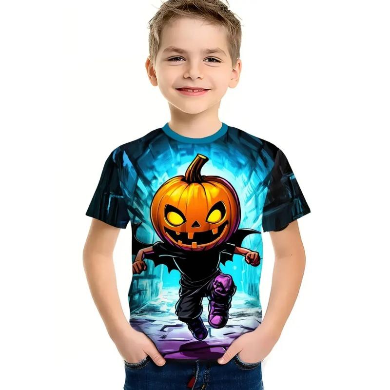 Round Neck 3D Pumpkin Printed Top Fashionable Short Sleeved Children's Boy T-shirts - Soft Medium Stretch Polyester Fabric Summer Relaxed Fit Clothing