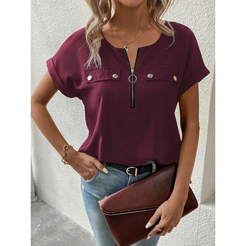 Women Summer Half Zip Pocket Detail Rolled Short Sleeve Multi Color Casual Loose Fit Blouse