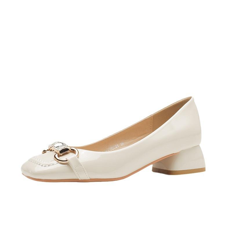 New square head metal buckle thick heel high heel temperament simple wind shallow mouth women's single shoes
