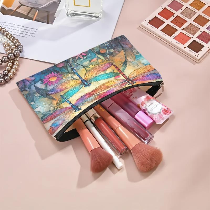 1pc Colorful Dragonfly Makeup Bag Hypoallergenic Cosmetic Pouch with Floral Insect Design Travel Organizer Bag for Women