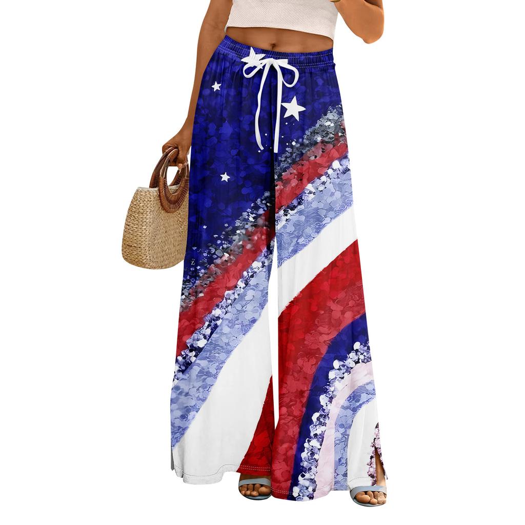 Women Summer Boho Palazzo Pants High Waist Wide Leg Independence Printing Casual Trousers With Pockets