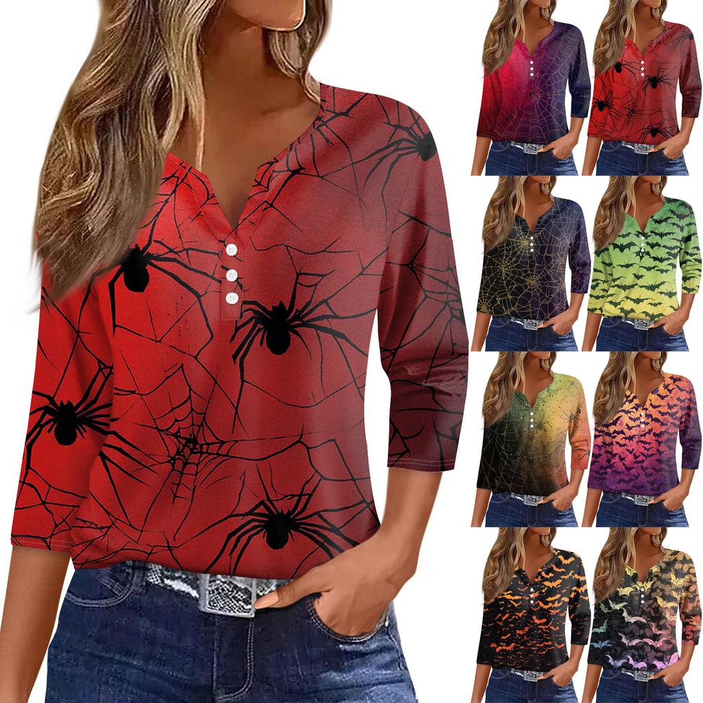 Women's Fashion Casual T-Shirt V-Neck Seven Sleeve  Printed Button Top
