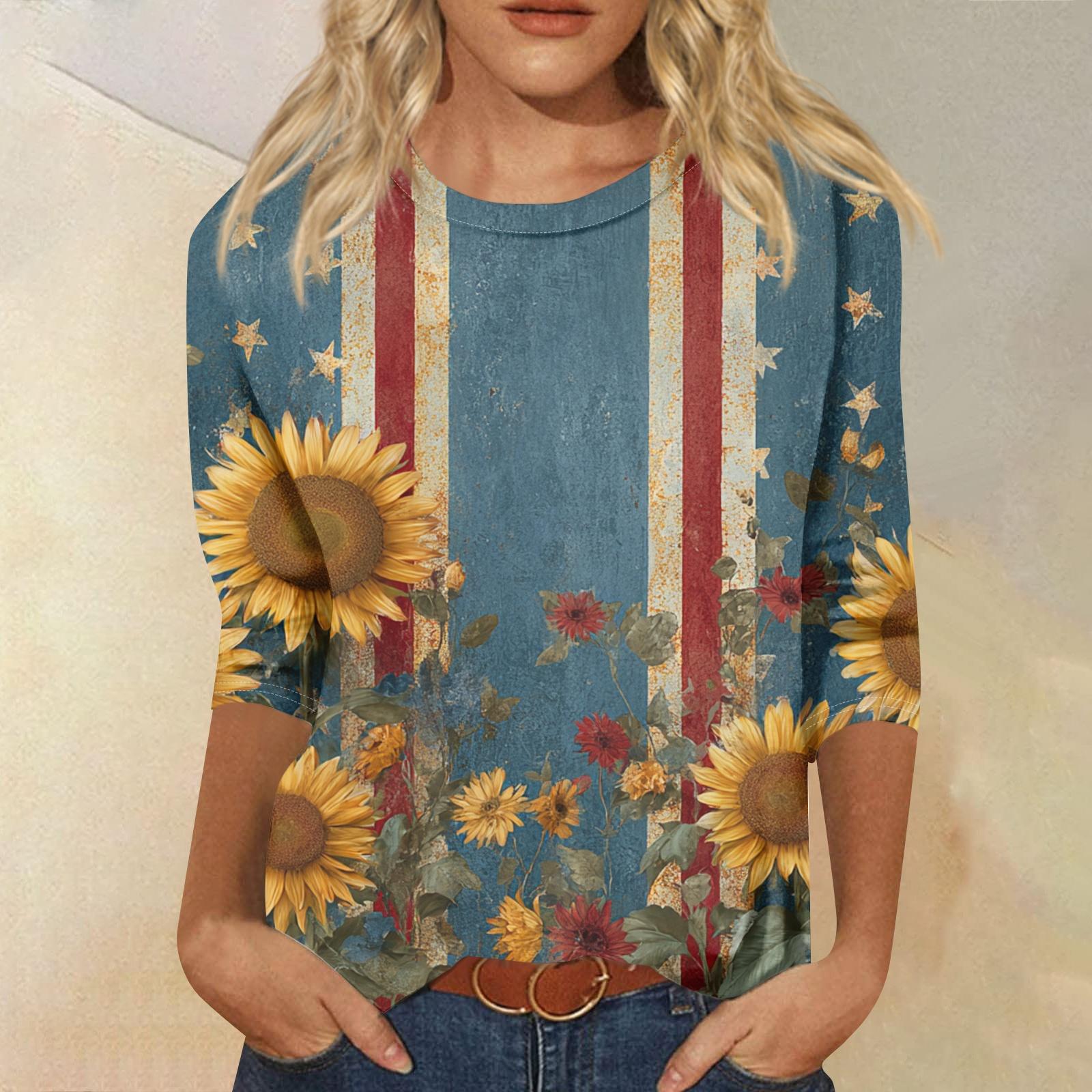 

Women’s Casual Crew Neck Half Sleeve Top with Sunflower and Stripe Print Relaxed Fit Soft Fabric Comfortable Blouse XL винний
