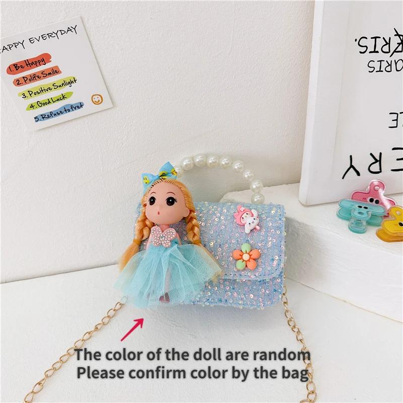 Cute Carto Doll Children's Shoulder Bags Fashi Pearl Handle Princess Girl Messenger Bag Sweet Novel Kid Change Purse Handbag