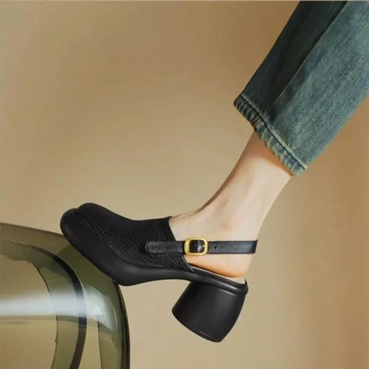 Fashion Mesh Women High Heels Sandals Platform Shoes Mules Slingback Slippers Retro Dress Fashion Chunky Pumps Famous Brand