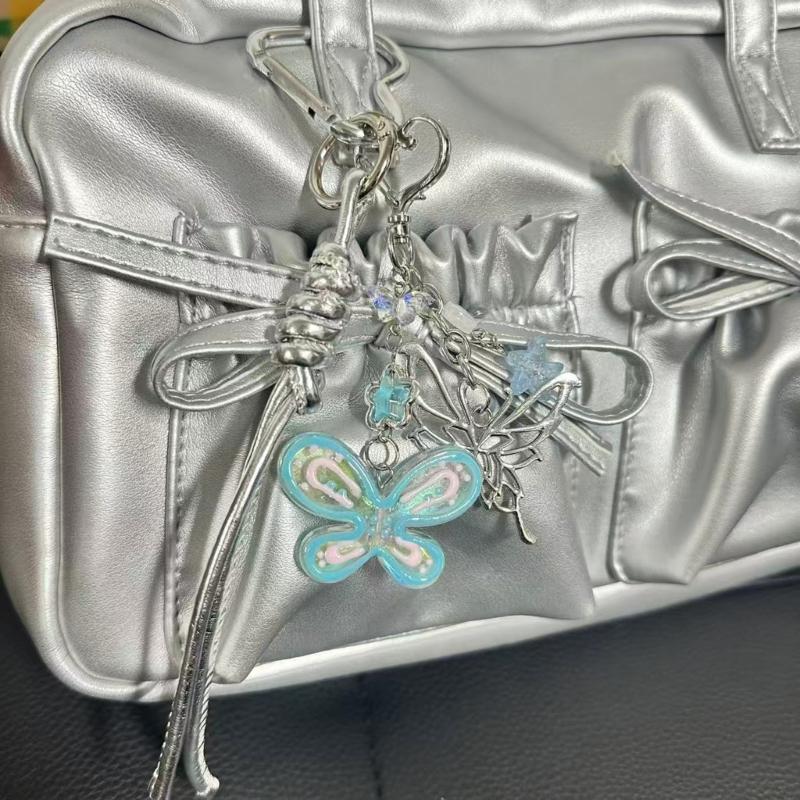 Hand Painted Butterfly Beaded Keychain For Bag Charm Spring Theme Double Tone Sparkling Jewelry Phone Accessory