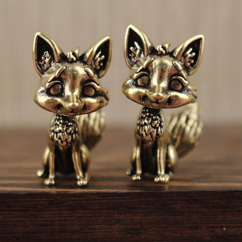 Brass Fox Statue Cute Fox Miniature Figurines Desk Ornament Decorations Accessories Copper Animal Sculpture Home Decor Crafts