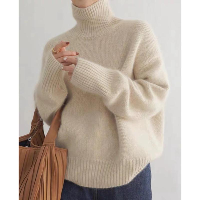 Autumn and Winter Thick Half High Collar Solid Women's Sweaters Elegant Vintage Loose Knitted Pullovers Sweater Ladies Casual Slim Base Jumpers 25560