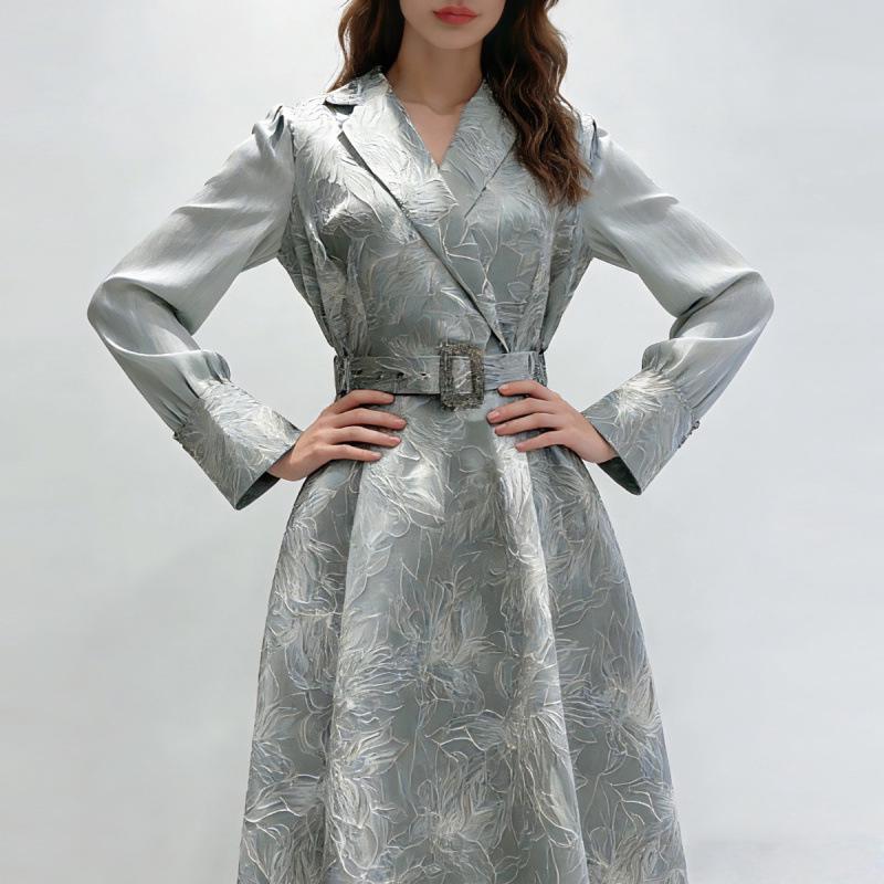Elegant French Retro Jacquard V-Neck Long Dress with Belt M зелёный