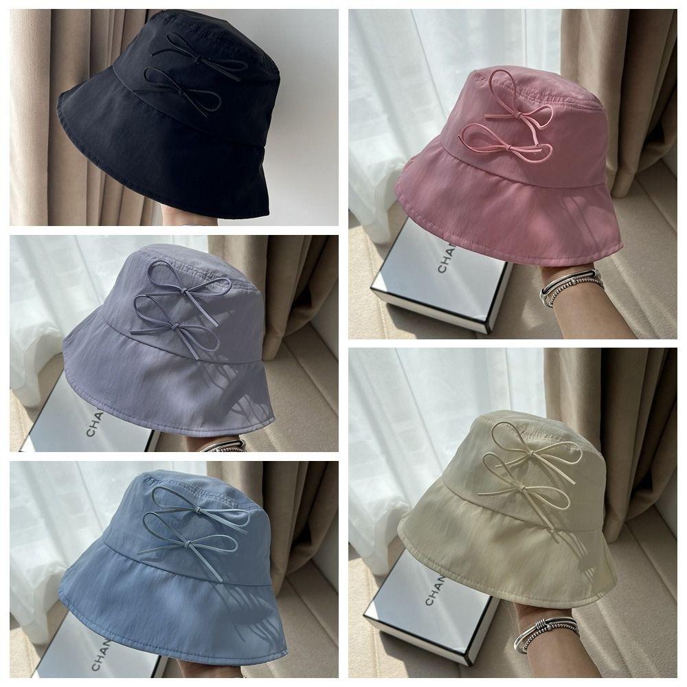 Solid Color Bow Bucket Hat Sunscreen Canvas Basin Hat Travel Bowknot Fisherman Hat  Famale
