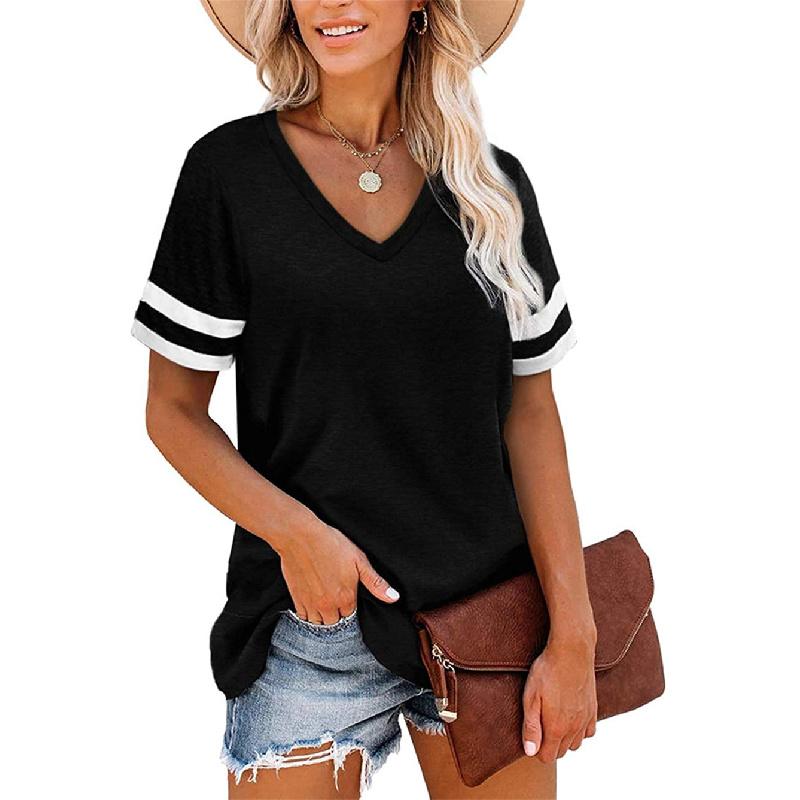 Women's 2026 Summer New V-neck Short-sleeve Color-block T-shirt Loose Casual Top