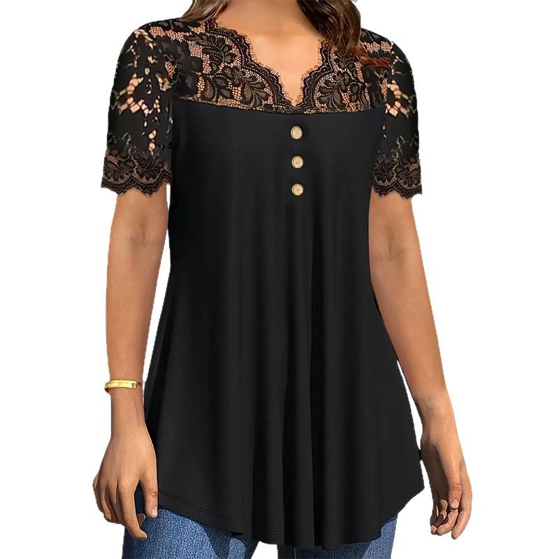 Spring/Summer 2025 European & American Women's Black Lace Short Sleeve Casual Top