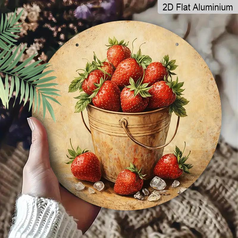 2D Flat Aluminum 7.87 Inch X 7.87 Inch Vintage Fresh Strawberry Pattern Wall Hanging, Country Style, Suitable for Dining Rooms, Gardens, Farmhouses