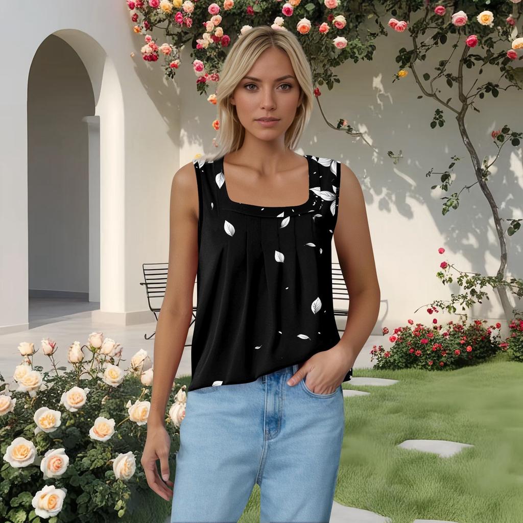 Women's Pleated Square Collar Sleeveless Vest Print T-shirt