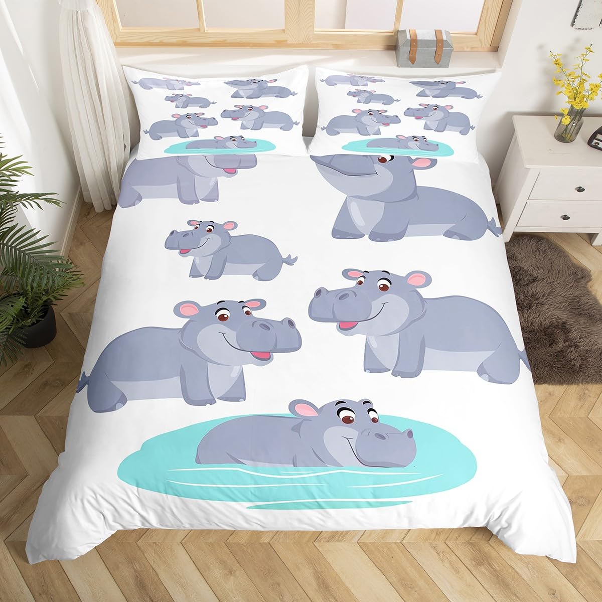 

Cute Hippo Duvet Cover King Queen Animal Themed Bedding Set for Kids Teens Adults Hippopotamus Comforter Cover Pink Quilt Cover 140x200cm 3pcs