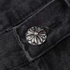 CHROME HEARTS Herren Schwarze Denim Shorts mit Weißen Kreuz-Aufnähern Baggy Streetwear Jorts