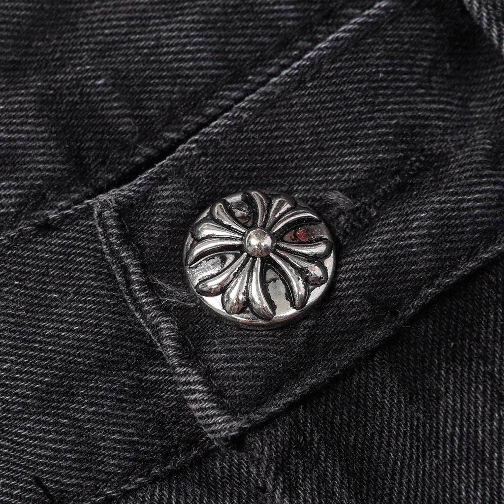 CHROME HEARTS Herren Schwarze Denim Shorts mit Weißen Kreuz-Aufnähern Baggy Streetwear Jorts