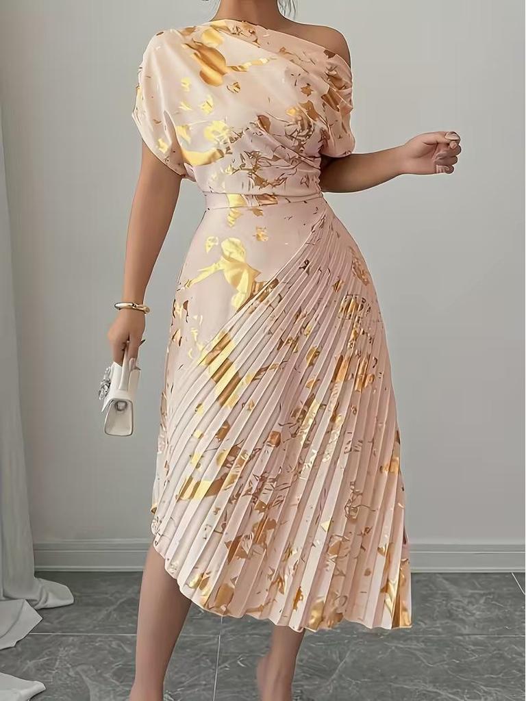 Asymmetrical Shoulder Gold Foil Pleated Dress for Women