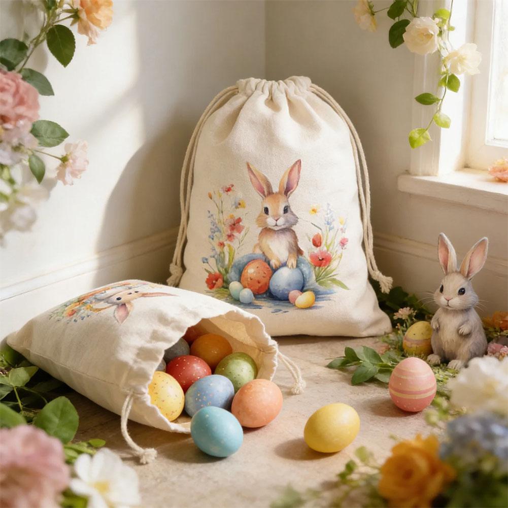 Easter Bunny Drawstring Cotton Bags Reusable Rabbit & Egg Print Gift Bags for Easter Party Egg Hunt Candy Storage Eco-Friendly