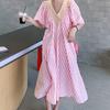 Summer V-Neck Pink Striped Dress Loose Tummy-Hiding Slimming Mid-Length Knee-Length Skirt