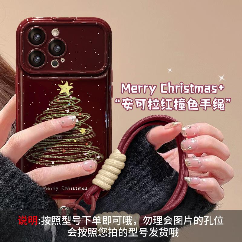 Christmas tree lanyards are suitable for iPhone 16 PRO large window phone cases, Huawei, OPPO, Xiaomi, VIVO Wine Red 15/17