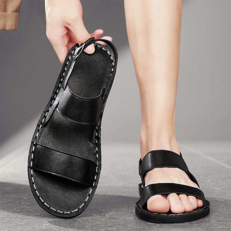 Men Slippers Handmade Simple Flats Summer Roman Sandals Retro Brown Leather Beach Shoes Plus Size