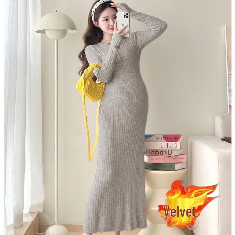 Maternity French Style Dress: Spring/Autumn Innerwear, Plus Velvet Warm, Solid Color, Round Neck, Belly Support, Slimming