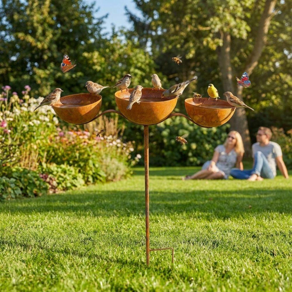 Rusted 3-Tiered Bird Bath Metal Bird Feeding Station Multi-Purpose Bird Water Bowls Yard
