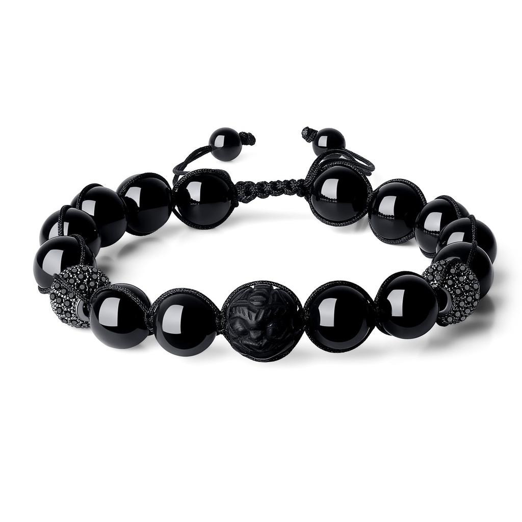 Koai Pixiu Carved Obsidian CZ Diamond Power Stone Bracelet for Good Luck and Adjustable Prayer Beads Evil, Length, Men's