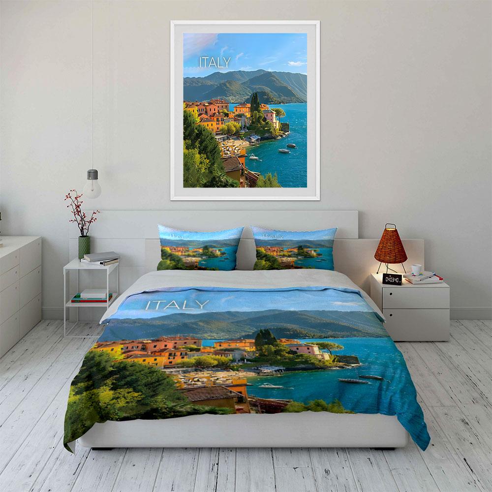 Paysage d'Italie Décoration d'Intérieur Ensemble de Literie avec 1 Housse de Couette 2 Taies d'Oreiller Simple Double King Queen, Cadeau