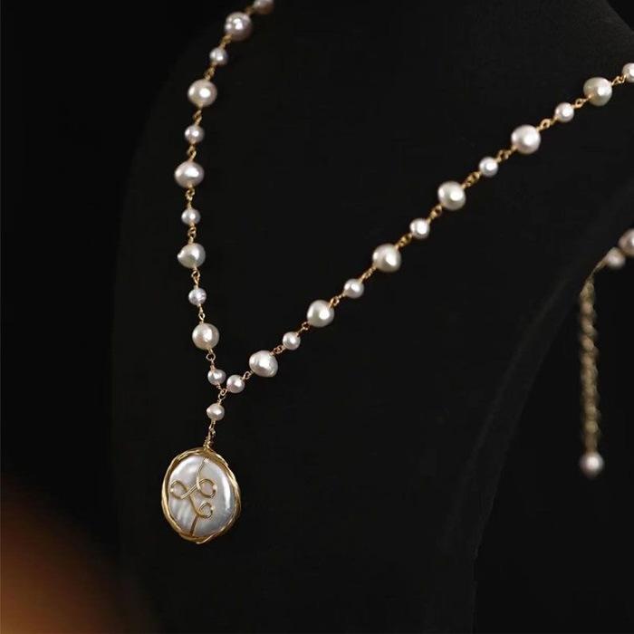 Big Baroque White Pearl Long Necklace Women's