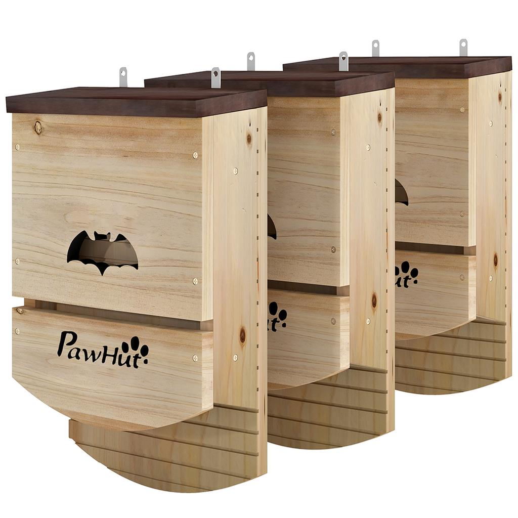 Bat Boxes, Pack of 3 Wooden Bat Houses for Outdoor, Garden, Farm, Easy to Hang, 23 x 9.5 x 36.5 cm, Natural