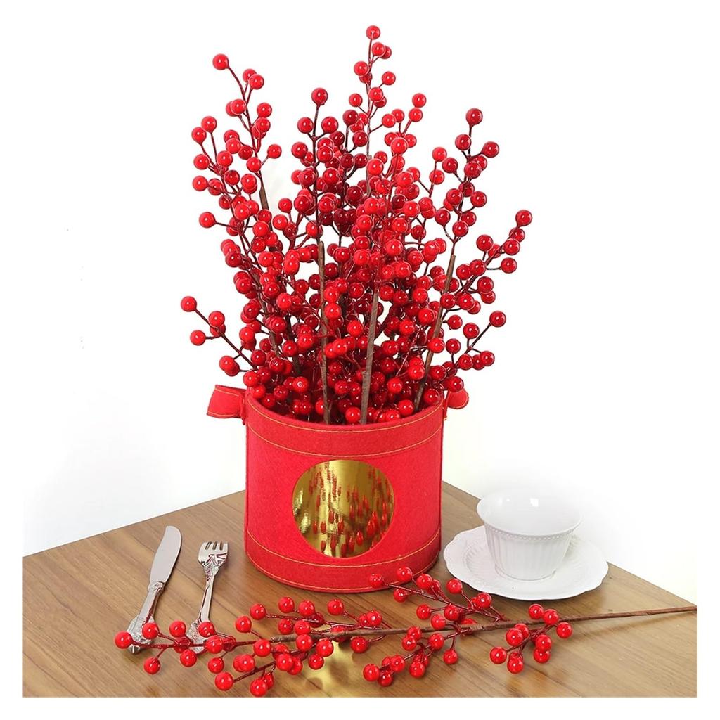 Red Berries, Artificial Red With Stem 3 Branches Holly Berries Simulation Fake Flower