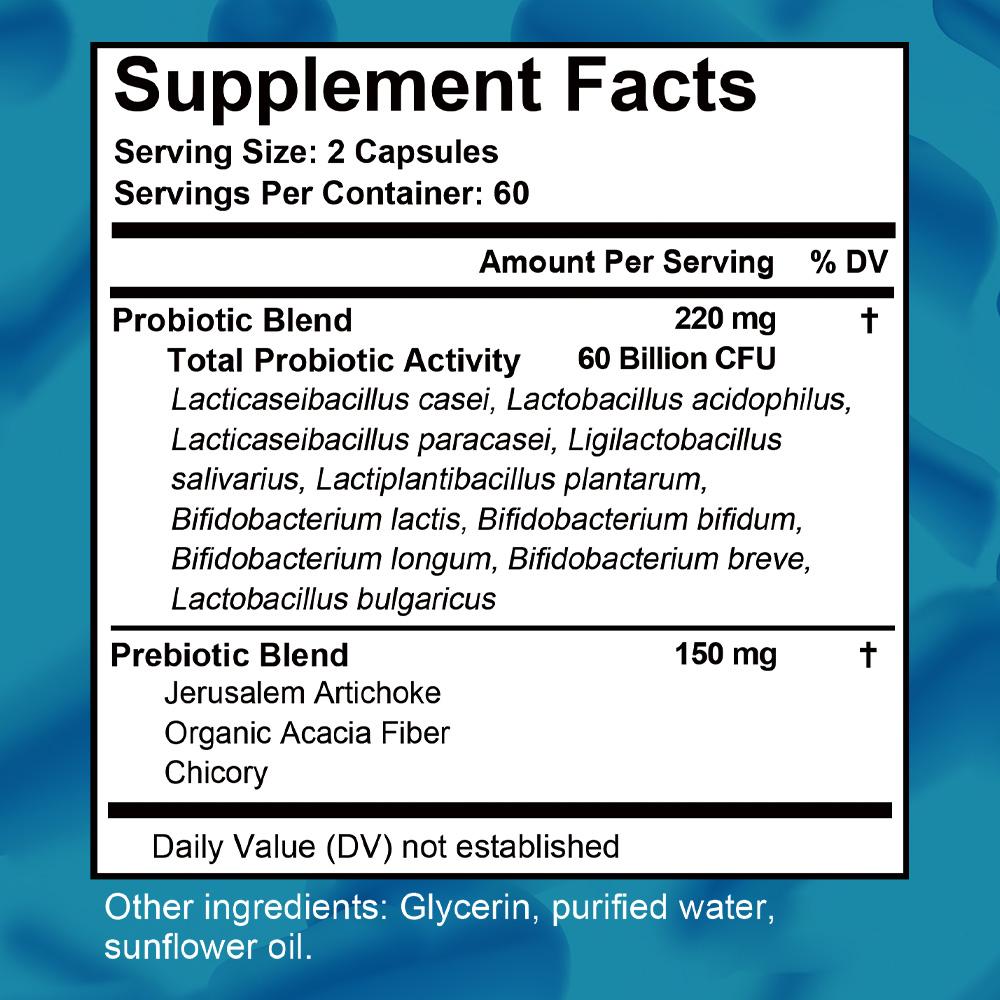 Probiotic 60 Billion Cfu Dietary Supplement, With Prebiotic Blend, 120 Softgels Per Bottle